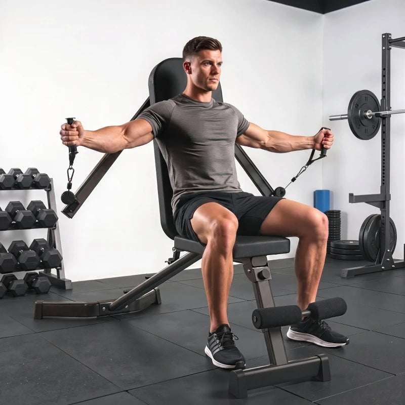 Banco de Pesas Plegable y Ajustable con Extensión para Piernas, Respaldo de 3 Posiciones, Bandas de Resistencia de 3 Niveles, Sistema de Ejercicios de Pecho, Capacidad de 300 kg para Gimnasio en Casa