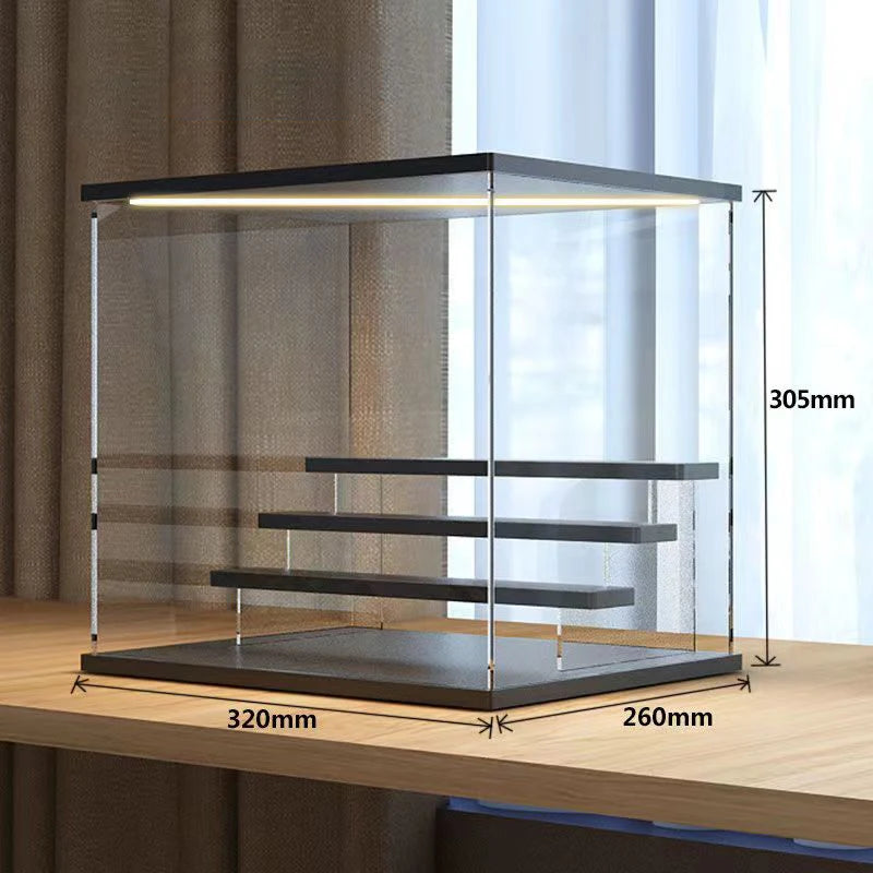 Vitrina de acrílico transparente para figuras con luces LED, caja de almacenamiento a prueba de polvo con escalones, expositor para juguetes y modelos de coches