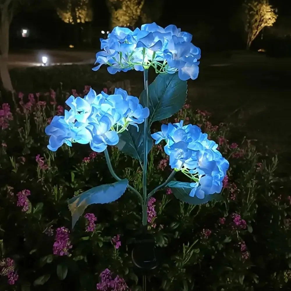 Luces solares de hortensia con 3 cabezales, luces LED de flores artificiales, utilizadas para patio exterior, jardín, césped, valla, decoración de caminos, 1 ud.