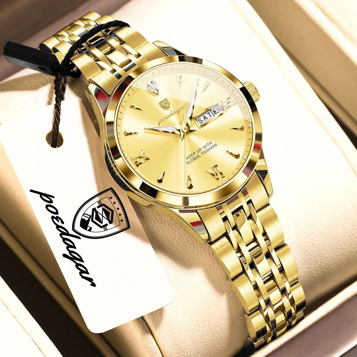 Reloj de pulsera informal POEDAGAR para mujer, resistente al agua, con fecha, semana, luminoso, de acero inoxidable, reloj de moda para mujer