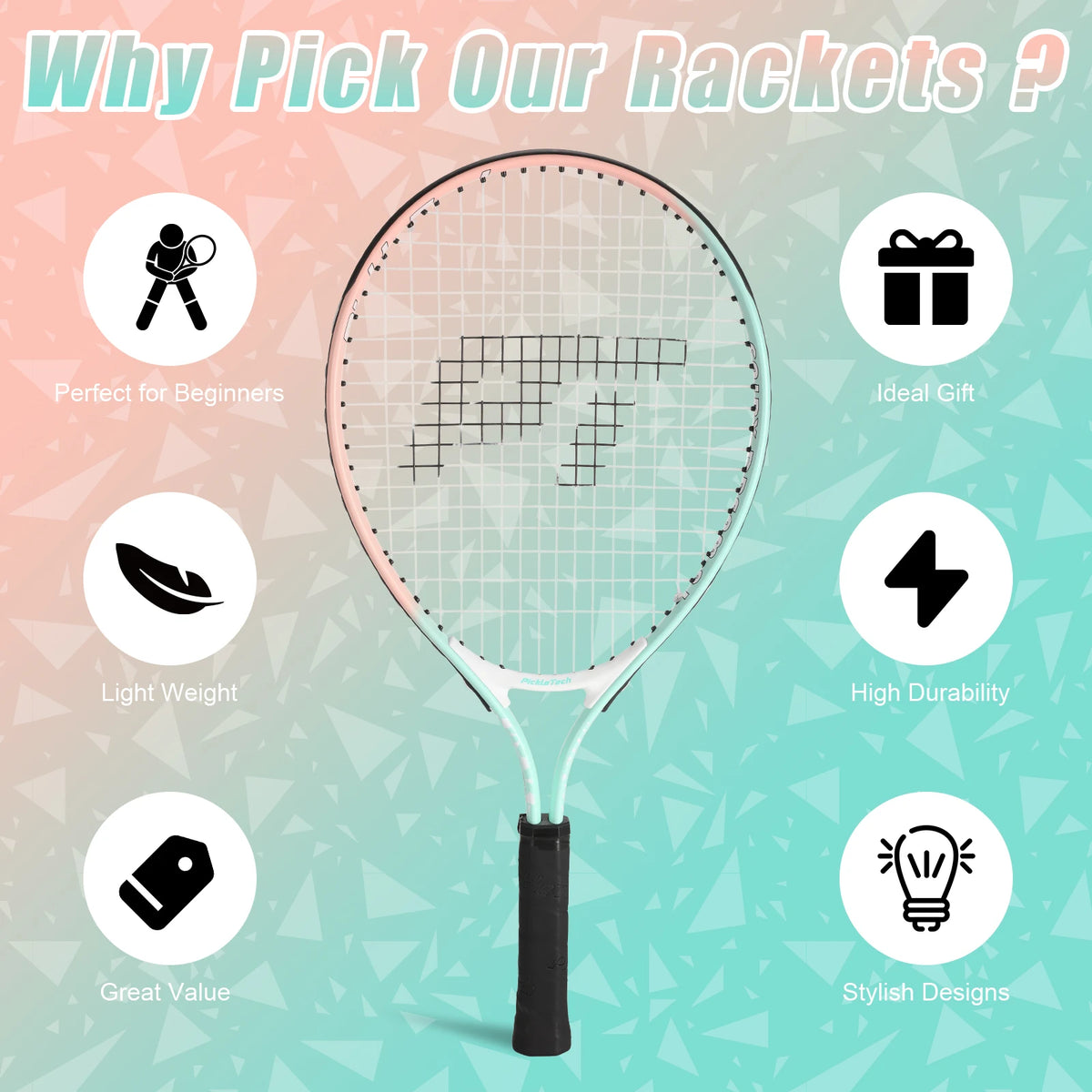 AMASPORT&PickleTech Raqueta de Tenis para Niños de 17 Pulgadas, Raqueta de Tenis de Aluminio con Bolsa para Niños Pequeños, Raquetas para Jugar al Aire Libre/Interior