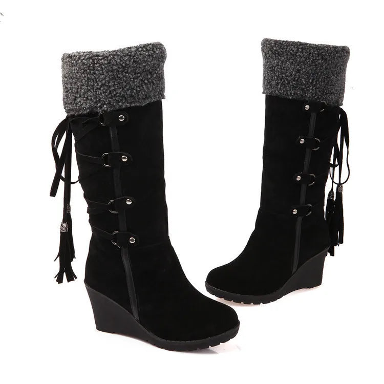Botas altas para Mujer, Botas Largas con cordones y borlas, Botas de nieve con cuña y plataforma, Botas cálidas de algodón para Mujer 2022