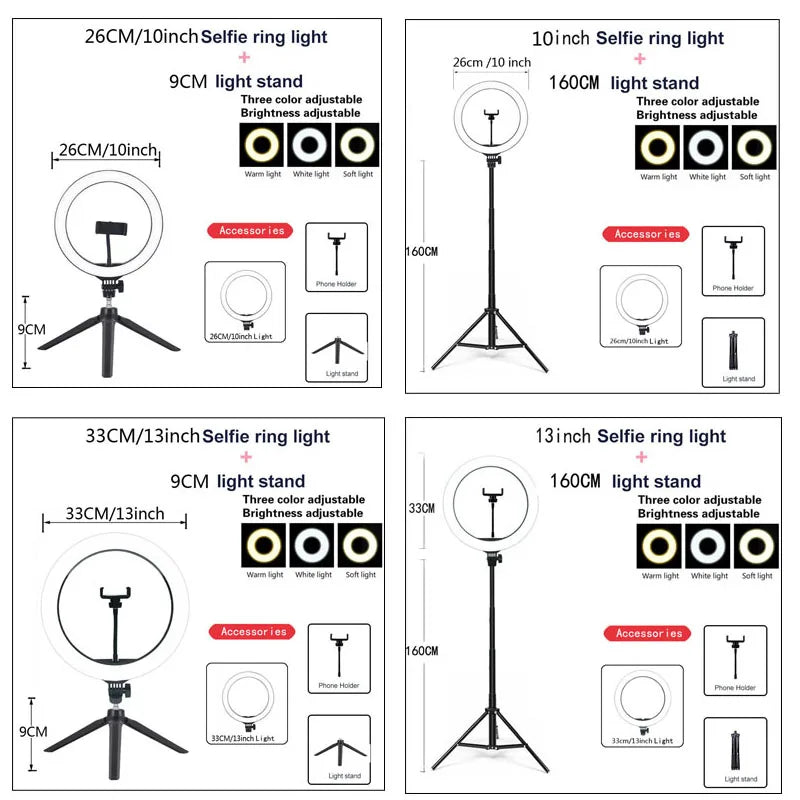26 33CM luces de vídeo luz regulable Selfie LED anillo de luz USB anillo de iluminación lámpara con trípode soporte para hacer Youtube Ringlight