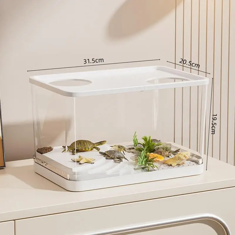 【E】Mini pecera de PET transparente, acuario hidropónico resistente a caídas con tapa, tanque ecológico de escritorio para el hogar, acuario fácil de mantener para tortugas