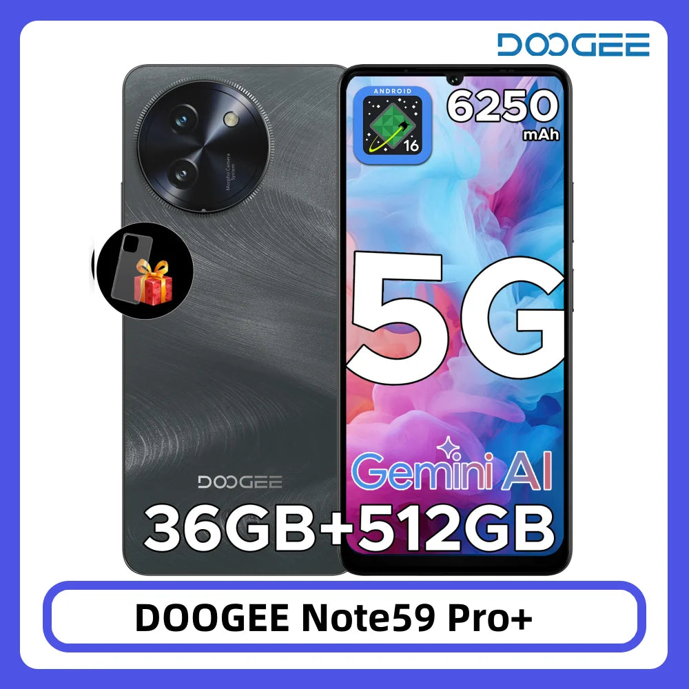 Smartphone DOOGEE Note59 Pro+ 5G 36GB 512GB 6.75" HD+ 120Hz UNISOC T8200 Cámara de 50MP Batería de 6250mAh Android 15 NFC Teléfono Móvil