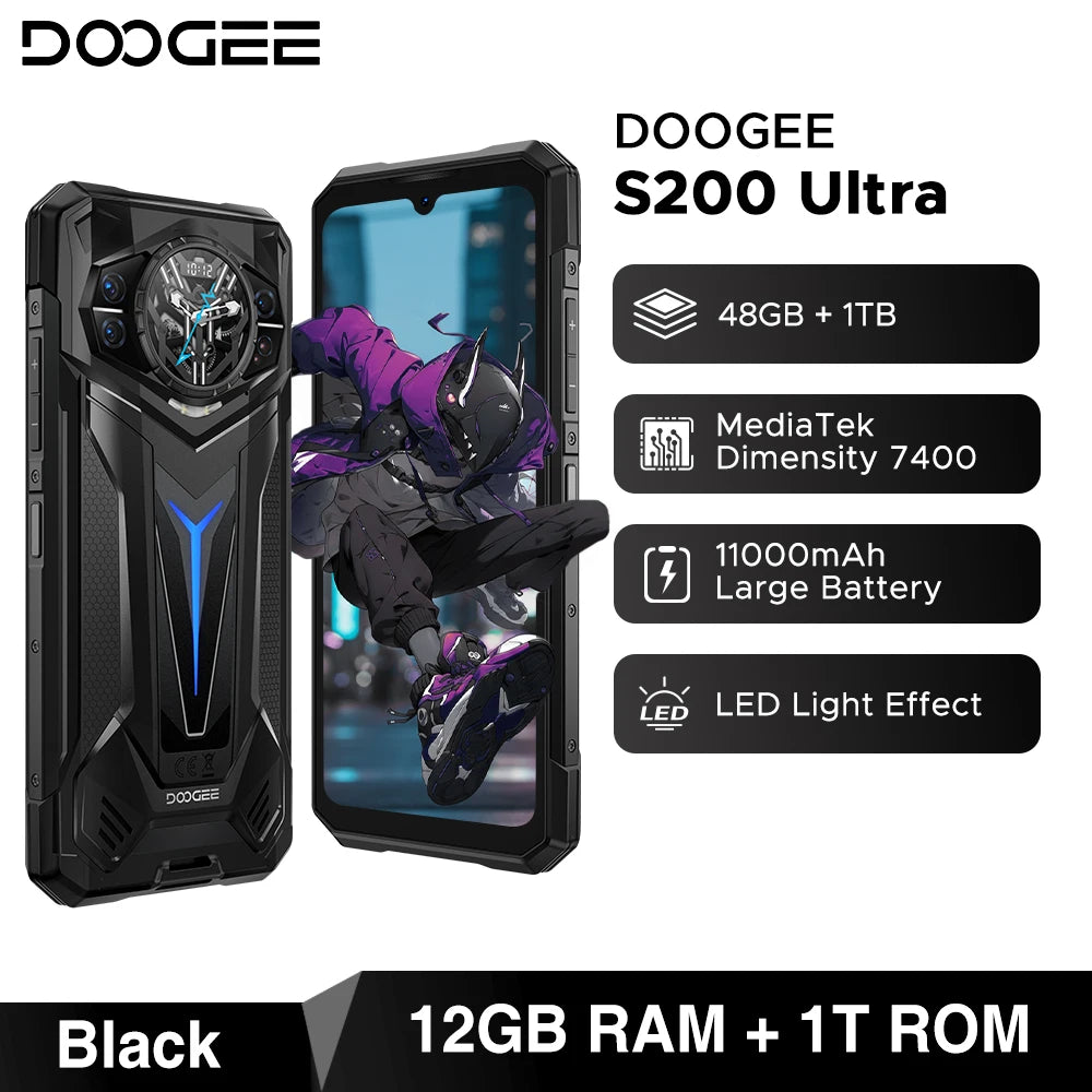Teléfono rugerizado DOOGEE S200 Ultra 5G 48GB+1TB Dimensity 7400, batería de 11000mAh, 66W, pantalla FHD+ de 6.72” a 120Hz, luz de notificación, NFC, smartphone