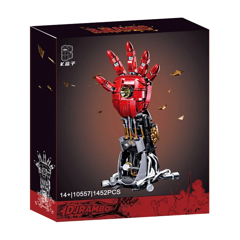 Caja del set de bloques de brazo robótico, rojo y negro, con base metálica plateada