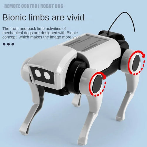 Perro robot teledirigido blanco con patas mecánicas y luces LED rojas