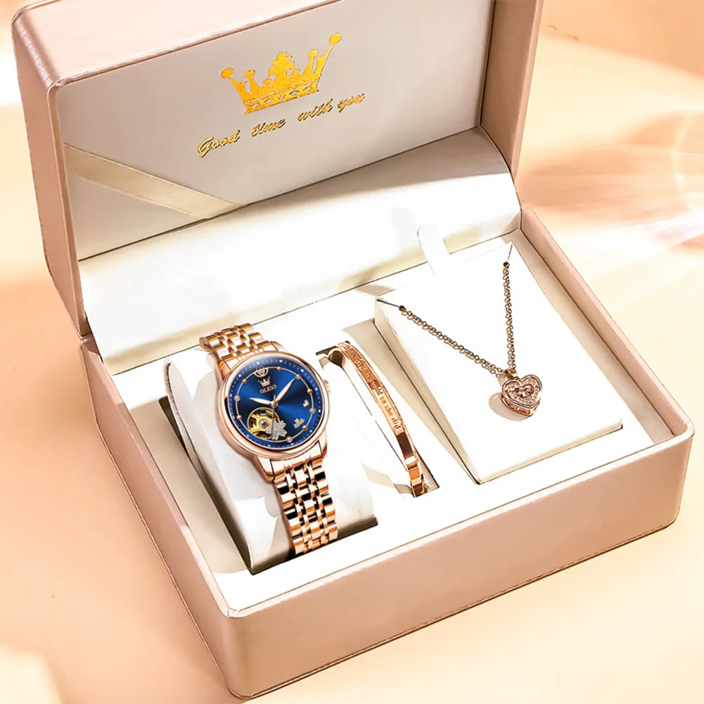 Relojes OLEVS para mujer, reloj mecánico automático original de lujo a la moda, con pulsera y collar en caja de regalo, tendencia nueva
