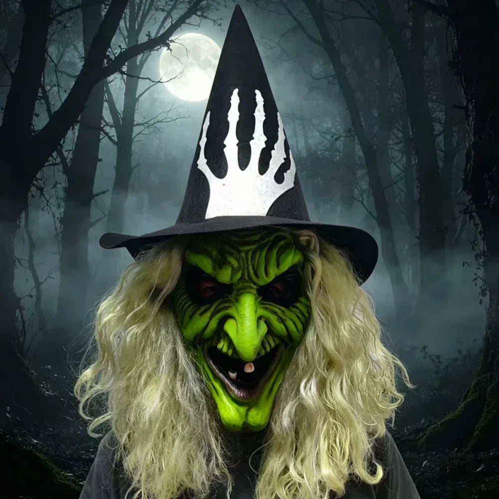 Máscara de bruja con rostro verde, para disfraces de bruja, anciana, abuela, sombrero de látex, máscaras de Halloween, carnaval, fiesta de disfraces, accesorios y regalos.