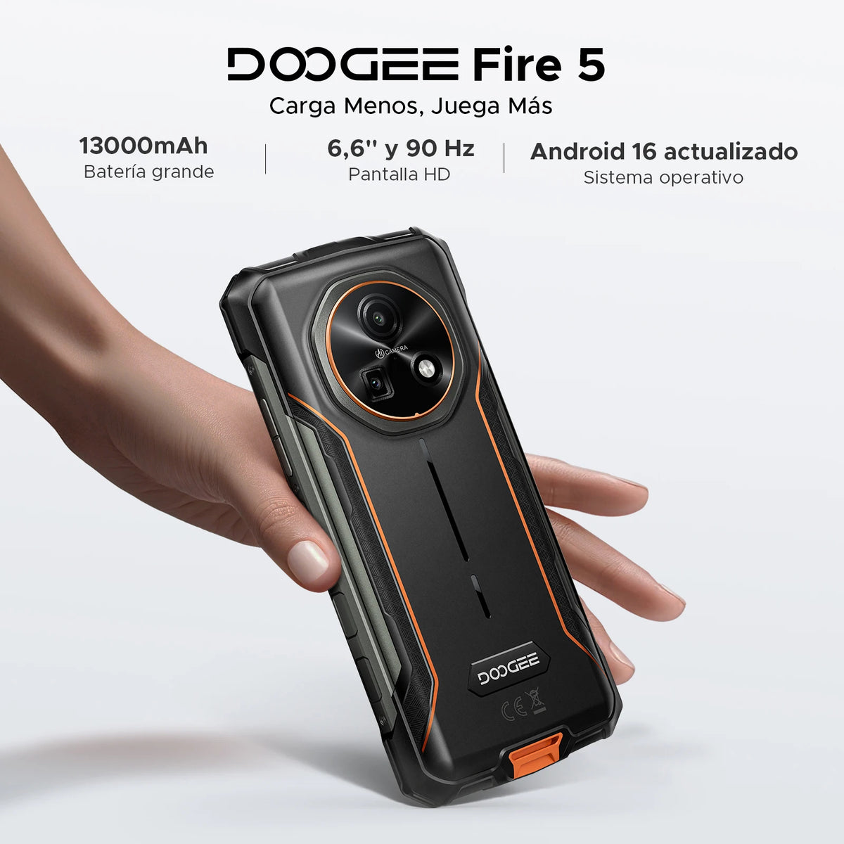 Teléfono resistente DOOGEE Fire 5, batería grande de 13000mAh, pantalla HD+ de 6.6'', 13MP+8MP, 12GB 64GB, NFC, smartphone con Android 16