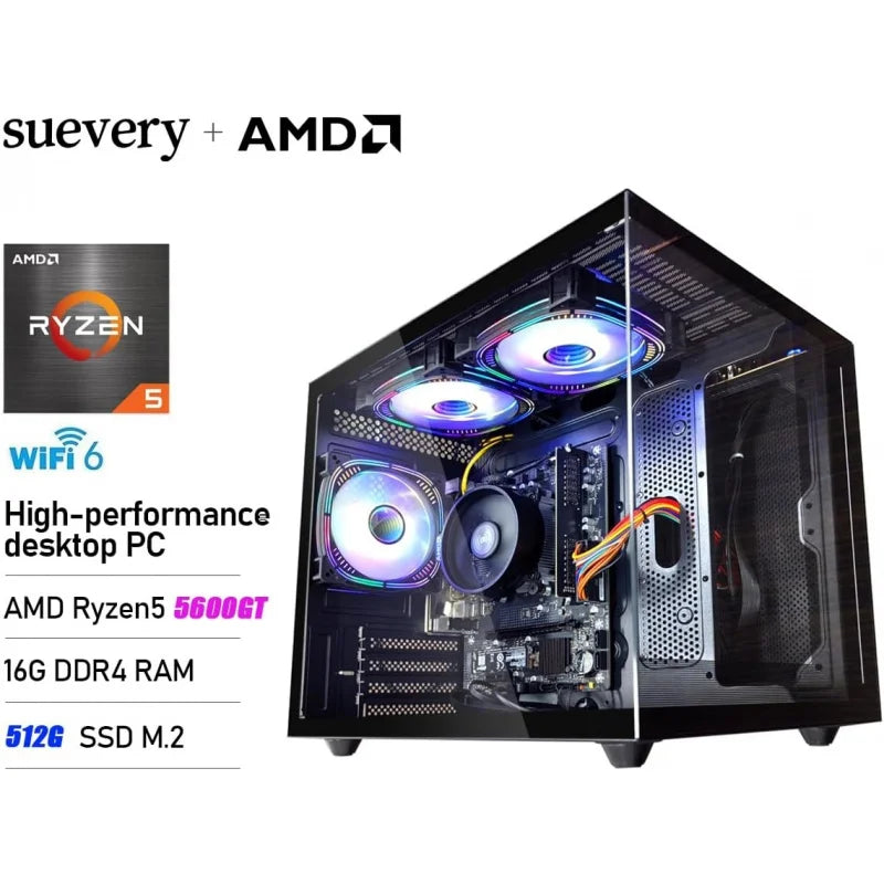 PC para juegos |   Ryzen5 5600GT |   SSD NVMe de 512 GB |   16 GB de RAM |   Torres Preconstruidas con WiFi 6, Computadora de Escritorio Negra