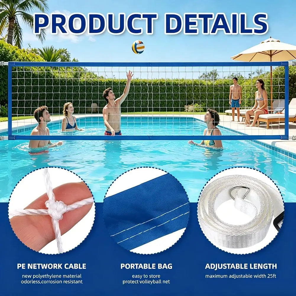Red de voleibol portátil de nailon para piscina, plegable y ajustable, malla de repuesto para juego de voleibol acuático con borde azul para piscina