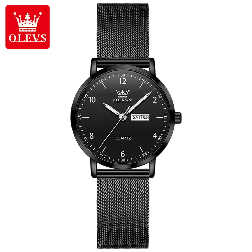 Relojes OLEVS para mujer, correa de acero de malla, reloj de pulsera de cuarzo con esfera digital de moda, fecha, día, impermeable, reloj elegante para dama 2996