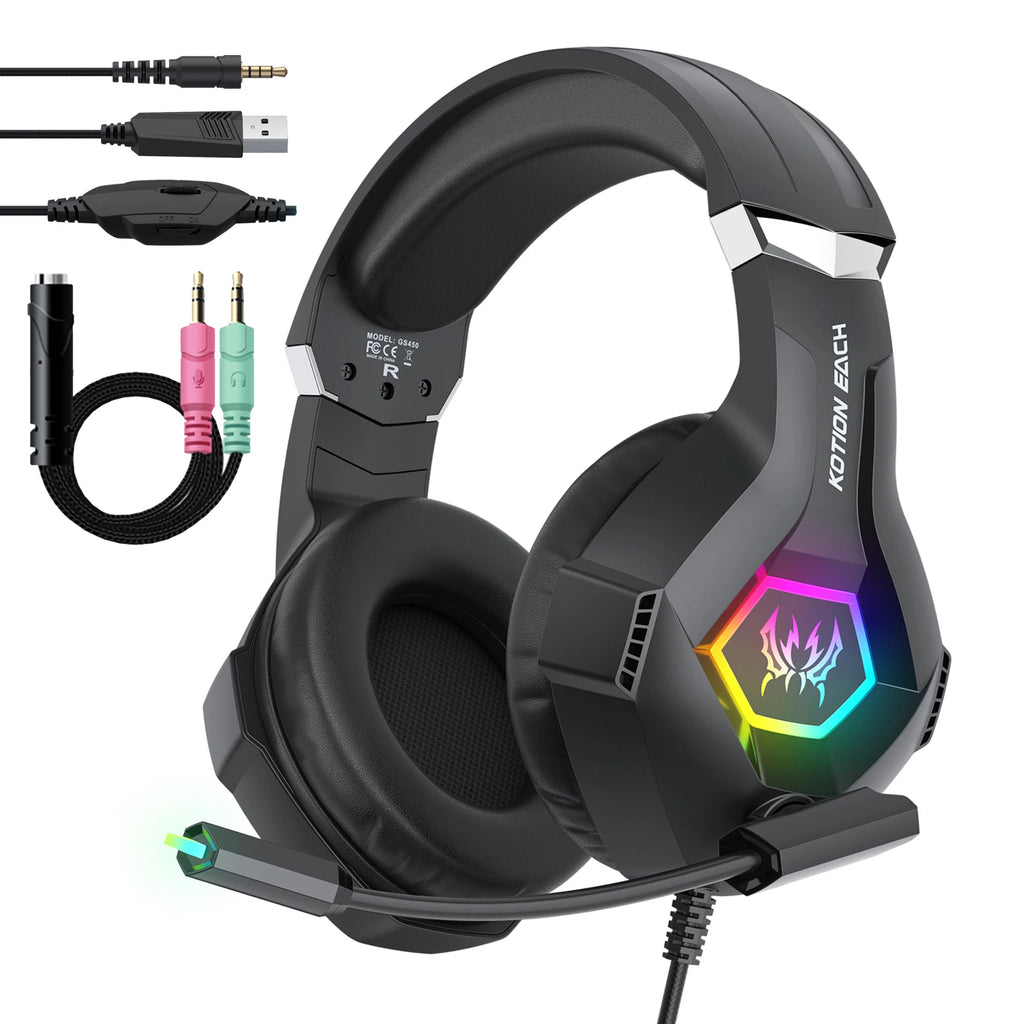 Auriculares gaming con micrófono y copas negras, iluminación RGB en el lateral