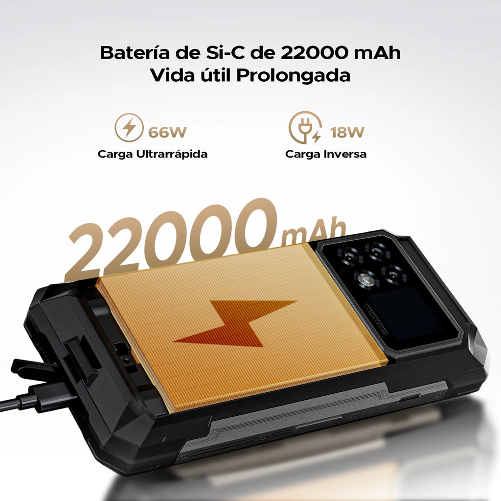 Smartphone rugerizado DOOGEE S200 Max 36GB+512GB 22000mAh 66W Doble linterna LED Pantalla trasera de 1.32" Dimensity 7050 108MP NFC