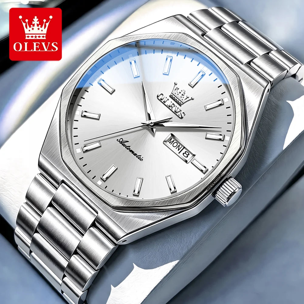 Reloj OLEVS 6786 para hombre, movimiento mecánico, diseño de sección transversal 3D, luz nocturna, ventana de calendario, día de la semana, correa de acero