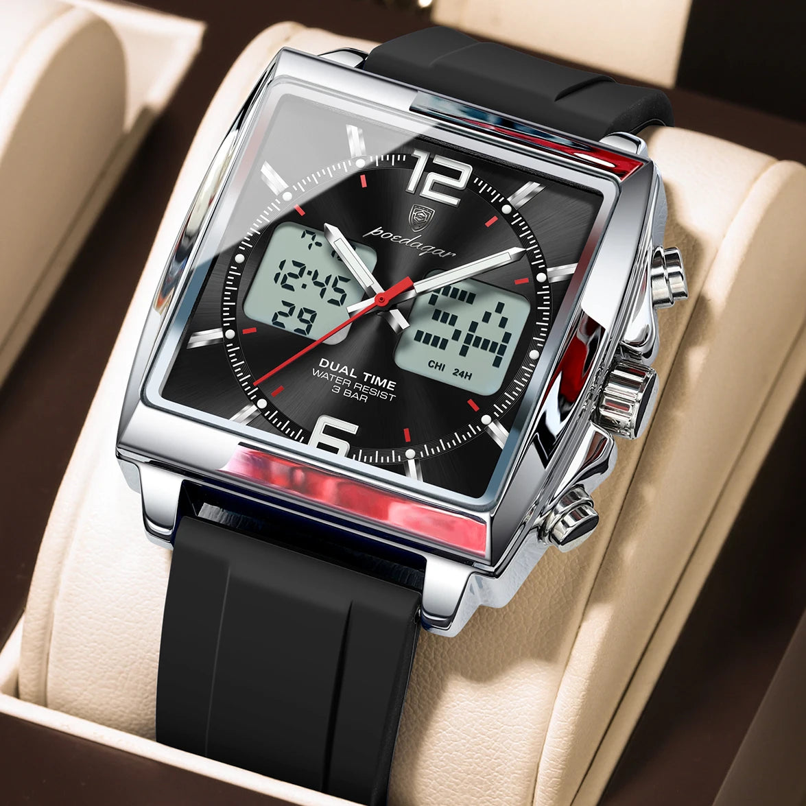 POEDAGAR Top Sports Men Watch Electronic LED Alarm Chronograph Man Watch Week Date Dual Time Quartz Business Men's Watches Reloj