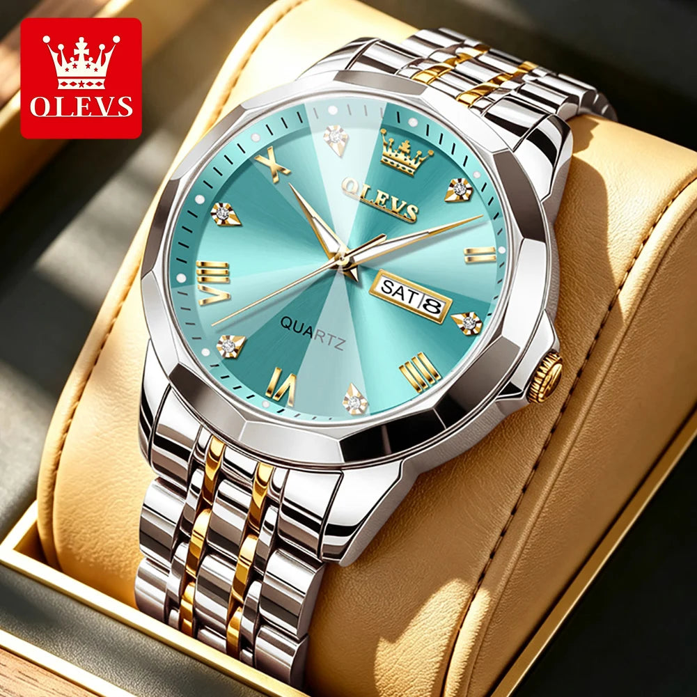 Reloj OLEVS 9931 de gran venta para hombre, moda, espejo de rombo, correa de acero sólido, fecha, resistente al agua, luminoso, reloj de cuarzo original para hombre