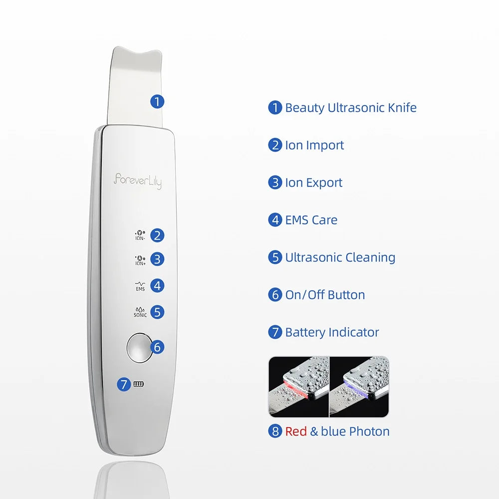 Depurador de piel ultrasónico EMS 6 en 1, masajeador de estiramiento de la piel con fotones LED de iones, espátula Facial, eliminador de espinillas, limpieza Facial profunda