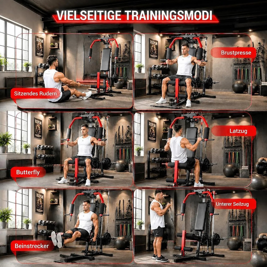 Gimnasio multifuncional profesional con cordones integrados y sistema de doble cable-Max. capacidad de carga de 180 kg para entrenamiento de fuerza exigente