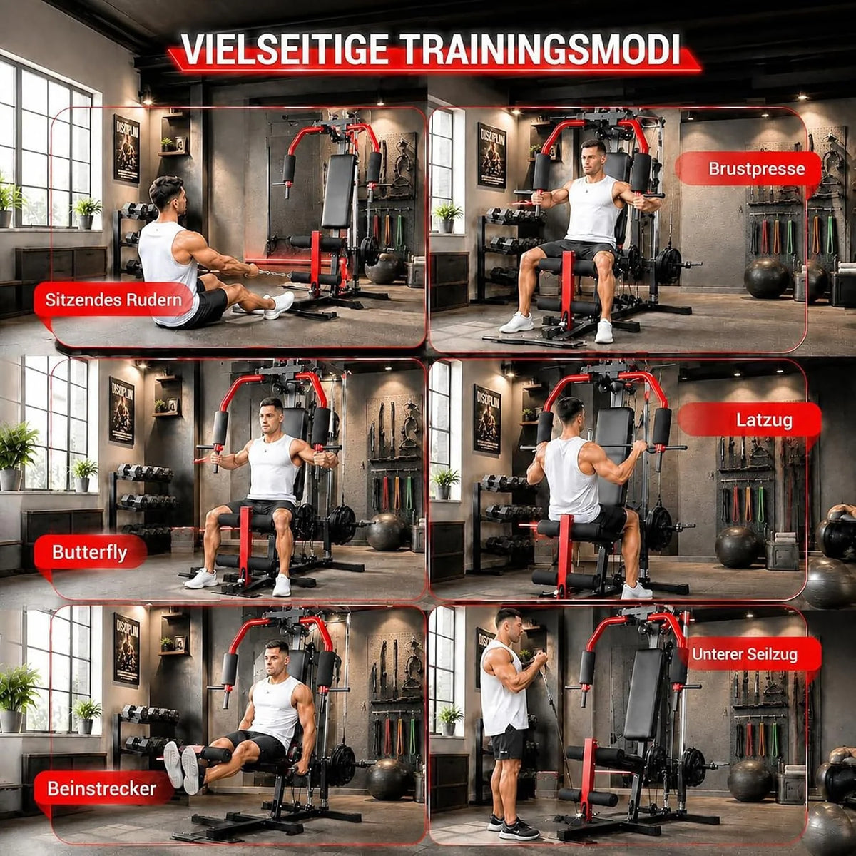 Gimnasio multifuncional profesional con cordones integrados y sistema de doble cable-Max. capacidad de carga de 180 kg para entrenamiento de fuerza exigente