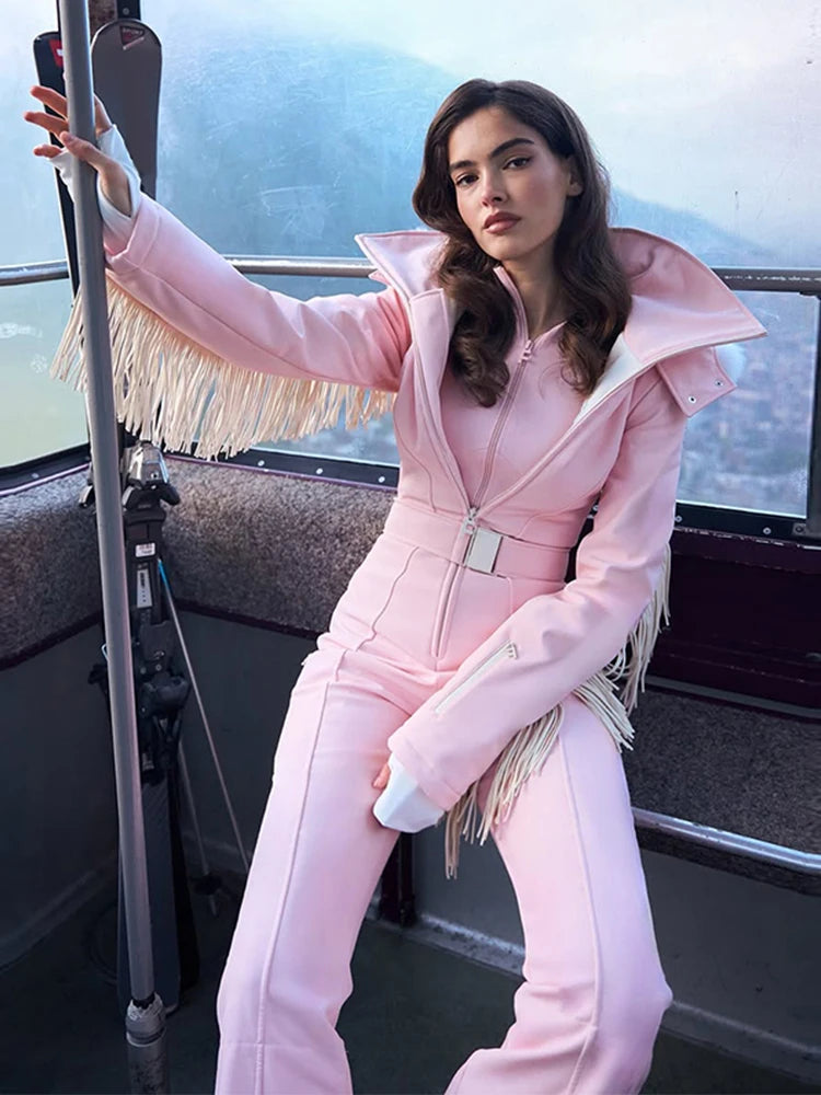 Mono de esquí liso con capucha y flecos, manga larga, cinturón en la cintura, resistente al agua, ropa de abrigo de invierno para mujer, traje de nieve a la moda 2025
