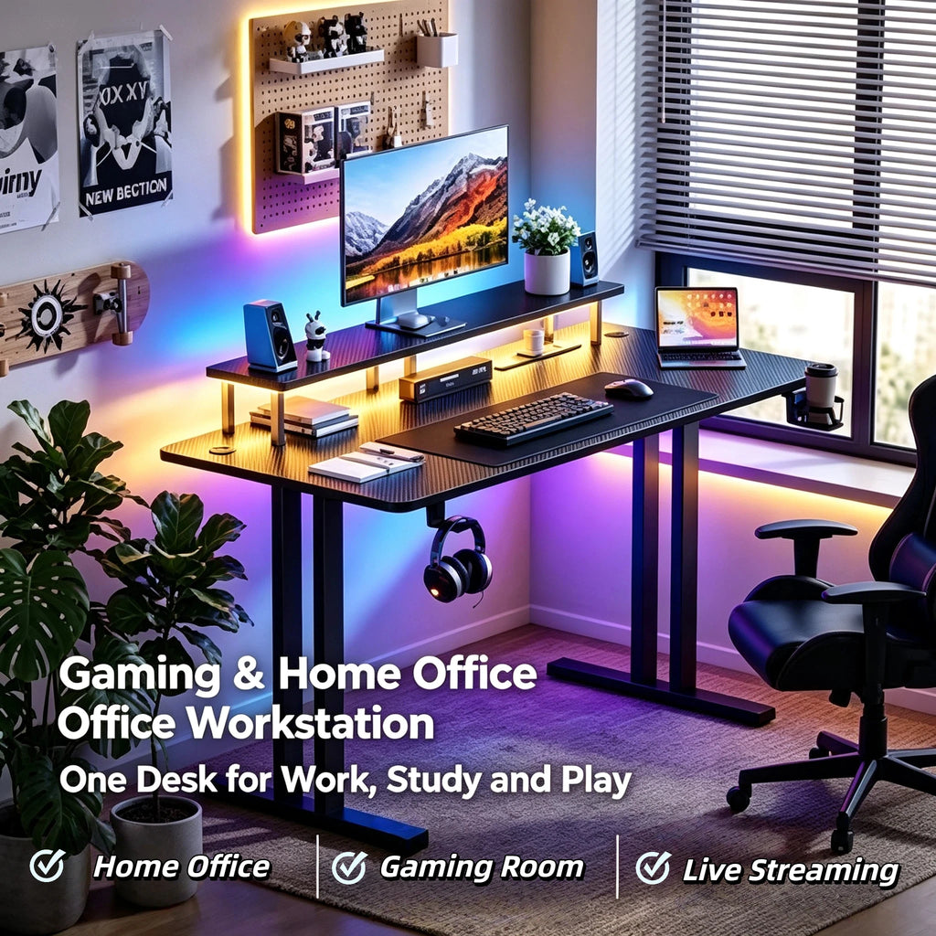 Escritorio gamer con luces LED RGB y soporte de monitor, para oficina y juegos en casa