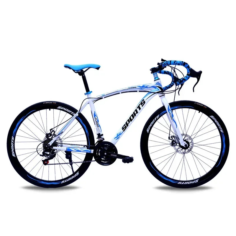 Bicicleta de carreras de 26 pulgadas con cuadro de acero al carbono, 21 velocidades, manubrio curvo, doble freno de disco y rines de 60 mm para adultos