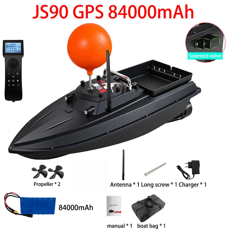 JS90 Barco cebador GPS 12V, velocidad 280 m/min, 100 puntos de pesca, carga de 3 kg, crucero y retorno automático, ajuste de 3 velocidades, bola antivuelco