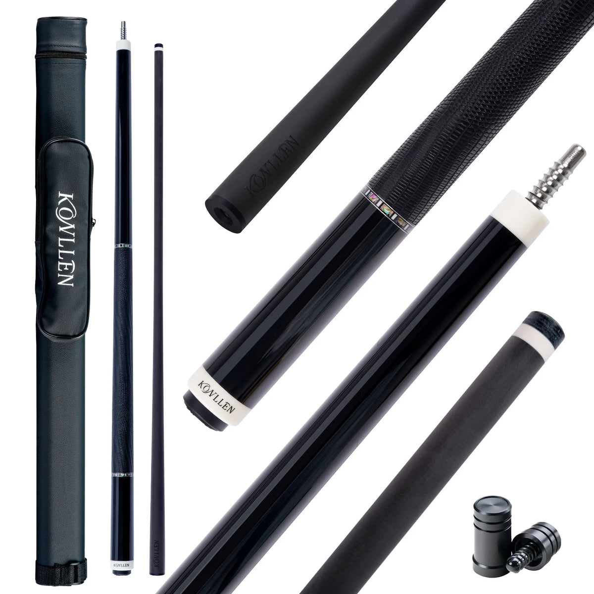 Taco de billar KONLLEN 2.0 de fibra de carbono con flecha Pro Taper de baja deflexión, 58 pulgadas, punta de 12.5 mm / 11.8 mm, pin radial e incrustaciones de ébano real.