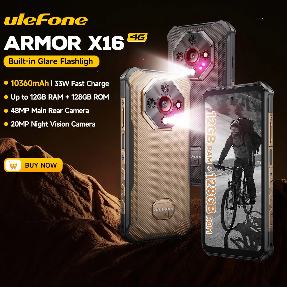 Smartphone resistente Ulefone Armor X16 4G Android 15, hasta 12GB+128GB, batería de 10360mAh, linterna de alto brillo, cámara principal de 48MP