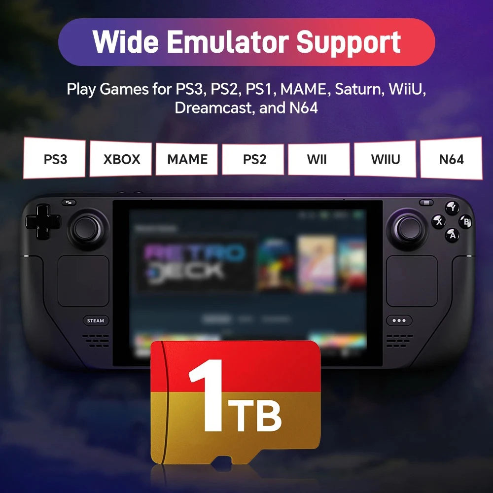Tarjeta TF de juego Steamdeck, tarjeta de memoria de 1TB/512GB/256GB con más de 65200 juegos, más de 70 emuladores, sistema de batería para Steam Deck/consola de juegos Win/PC
