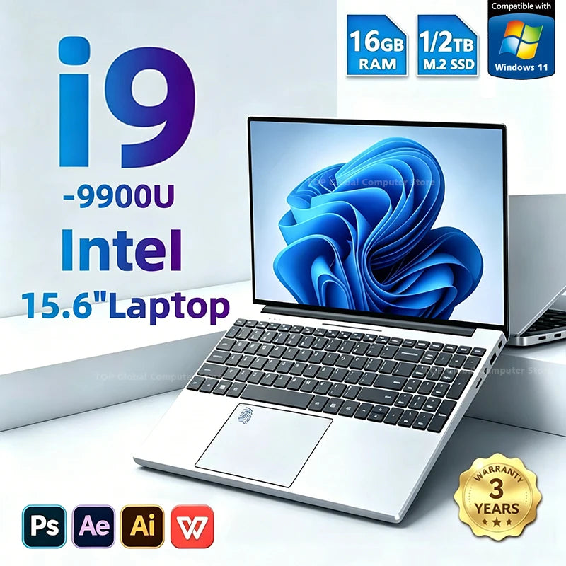 2026 Gaming 15.6' Laptop Intel Core I9 9900 Computer 16GB RAM 1TB 2TB 1920*1080 Fingerprint Unlock Backlit Laptops Windows 11