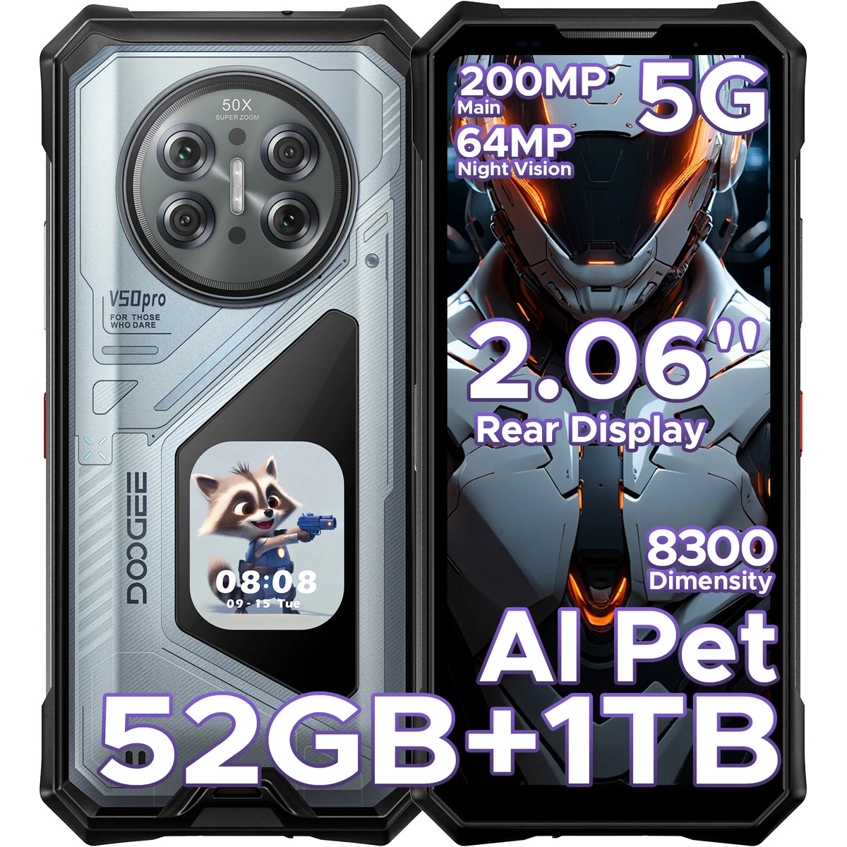 DOOGEE V50 Pro 5G AI Rugged Phone 6.78" Dimensity 8300 52GB RAM(16+36) 1TB ROM with 2.06" AMOLED Multi-function Rear Display 200MP Camera 64MP Night Vision Camera Android 16 Supports Walkie Talkie