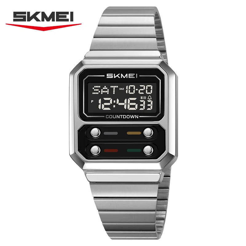 Reloj de pulsera digital para hombre SKMEI, resistente al agua, con cuenta regresiva, a prueba de golpes, de acero inoxidable y estilo lujoso