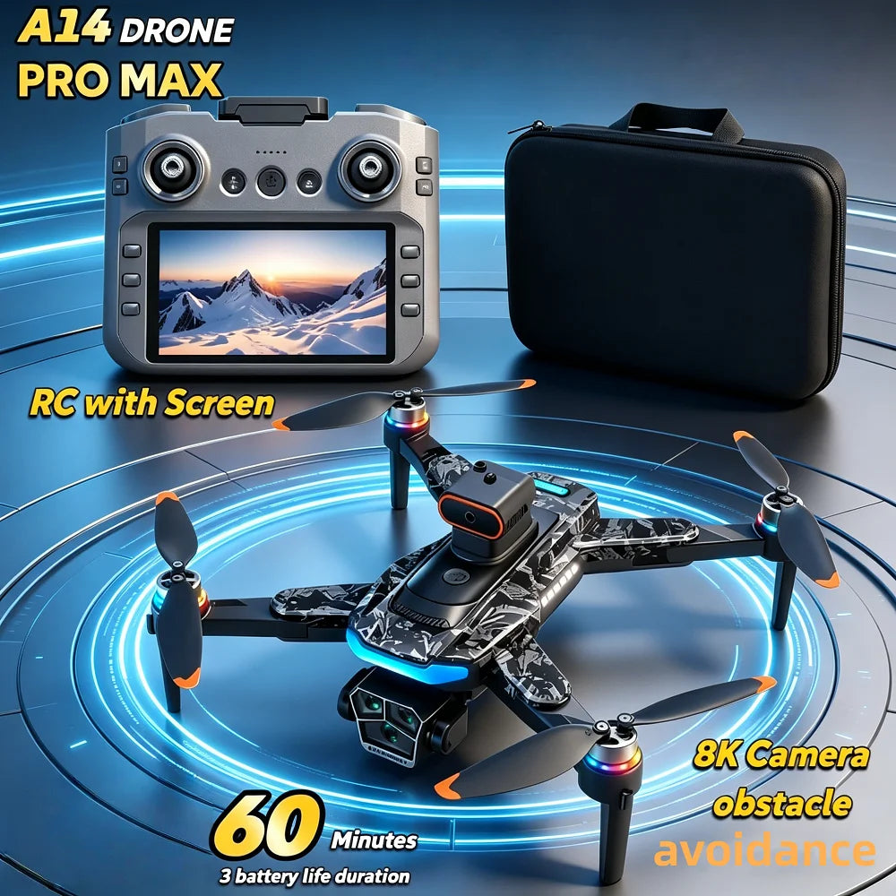 Dron RC negro con cámara y mando con pantalla, estuche de transporte incluido