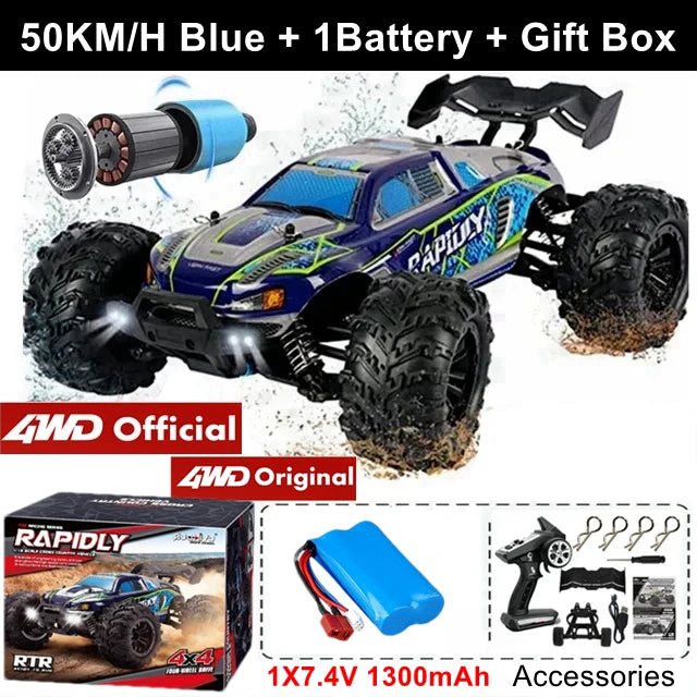 Camión RC 4x4 todoterreno azul con llantas negras y espuma, 1 batería.
