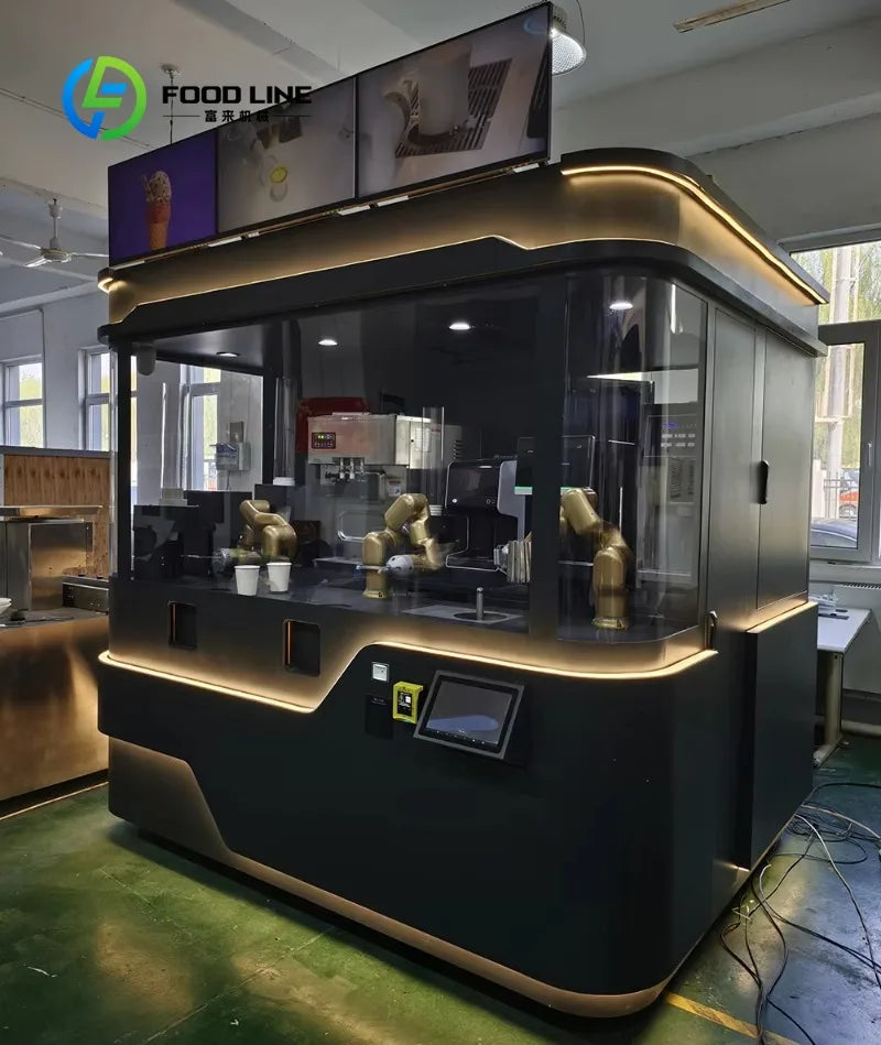Máquina de café robótica automática con cabina de vidrio y brazos dispensadores