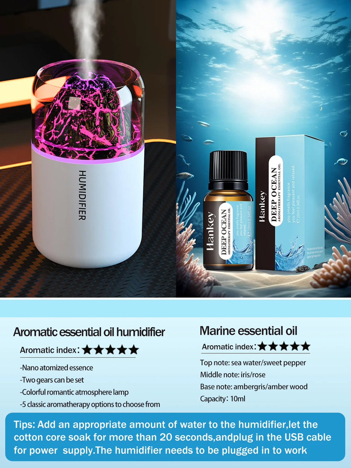 El difusor de aromaterapia USB humidificador con lámpara de color volcánico simulado es adecuado para usar en automóviles, hogares, dormitorios, como regalo,