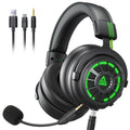 Auriculares gaming negros con micrófono ENC, aro LED verde y almohadillas acolchadas.