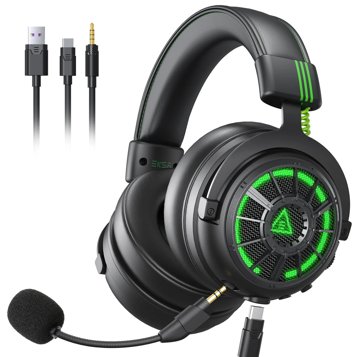 Auriculares gaming negros con micrófono ENC, aro LED verde y almohadillas acolchadas.