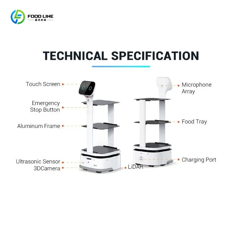 Robot repartidor con micrófono, sensores LiDAR y bandejas apiladas