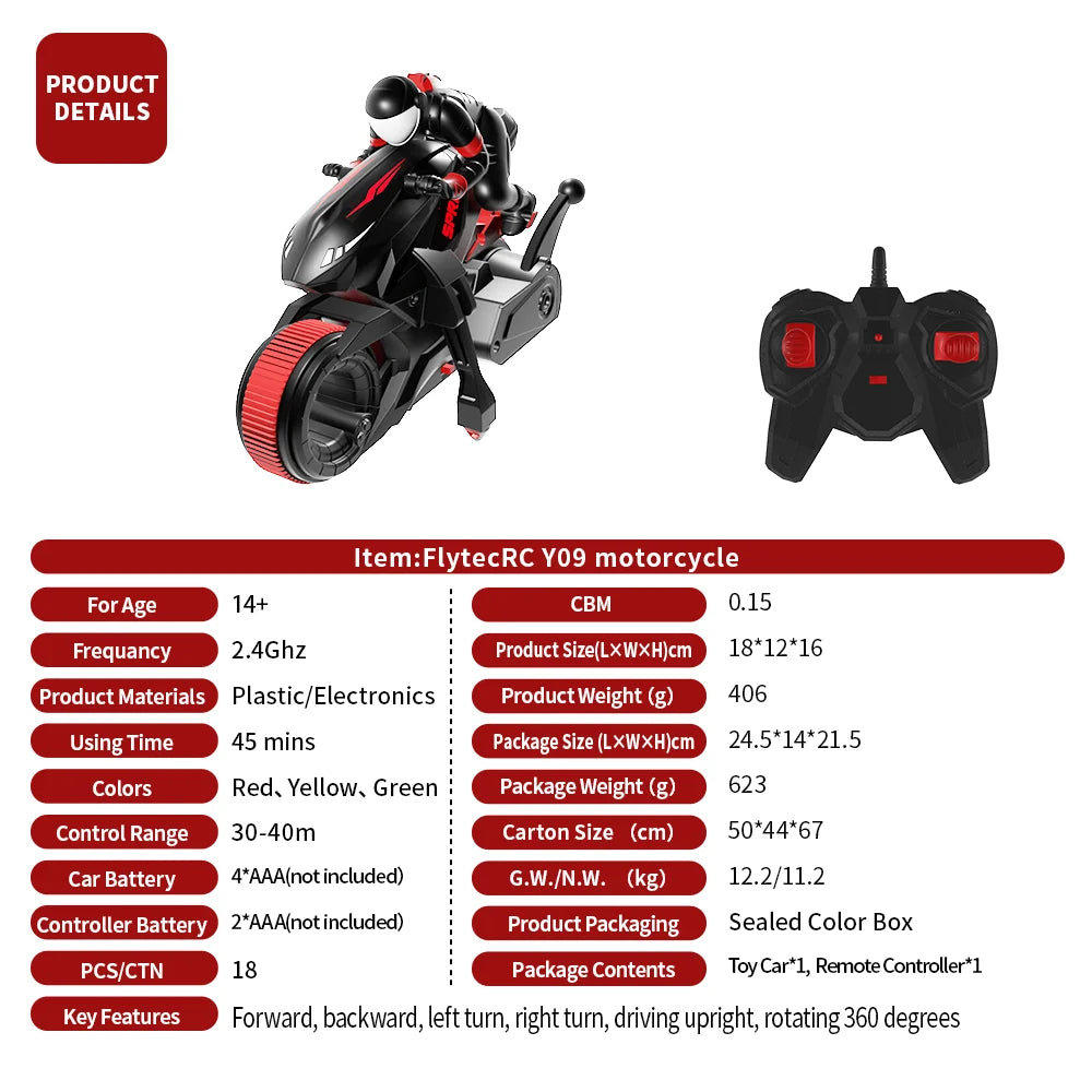 Y09 RC Motorcycle Rc Cars Self-stable Balance Standing Competitive Racing Drift Stunt Electric Motorcycle Toys for Kids Children