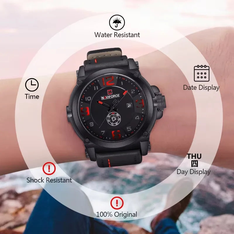 Relojes deportivos militares NAVIFORCE para hombre, originales, resistentes al agua, con visualización de día y fecha, correa de cuero, reloj masculino