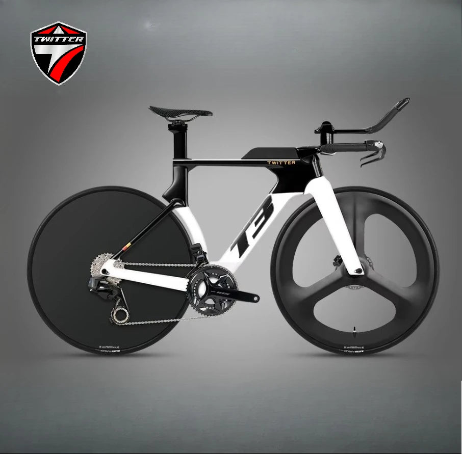 Bicicleta de carretera TWITTER T3 TT Racing de fibra de carbono, con cambio electrónico inalámbrico WheelTop TX-TT7110-2*12S y frenos de disco hidráulicos