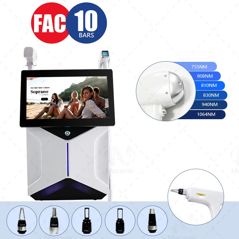 Máquina Láser de Diodo Profesional Soprano 2 en 1 de 5000W 755/808/830/940/1064nm para Depilación y Eliminación de Tatuajes con Sistema de Enfriamiento por Hielo
