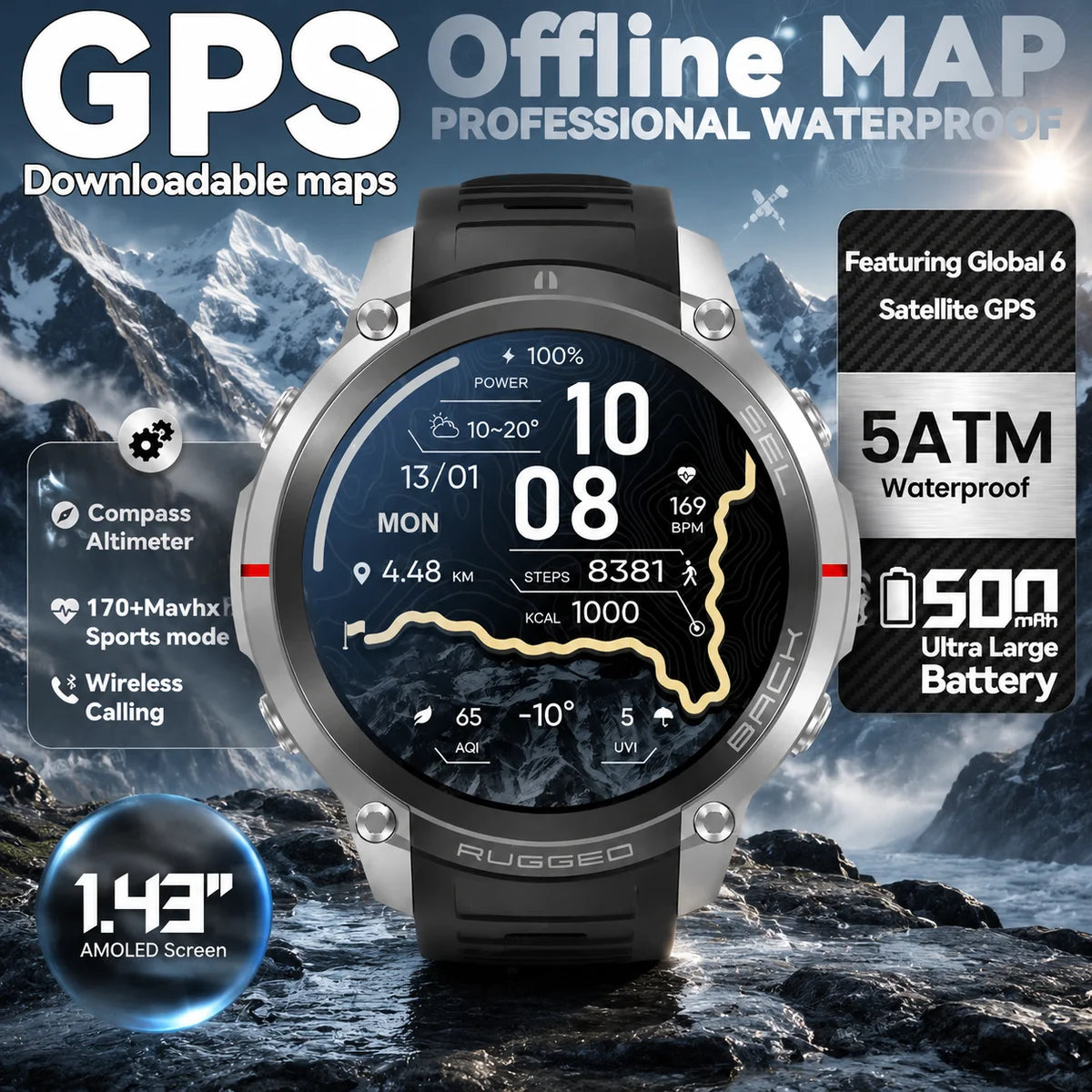 Reloj inteligente GPS 2026 para hombre, 5ATM resistente al agua, más de 170 deportes, mapa sin conexión, brújula, altímetro, pantalla AMOLED, llamadas Bluetooth, reloj inteligente para exteriores
