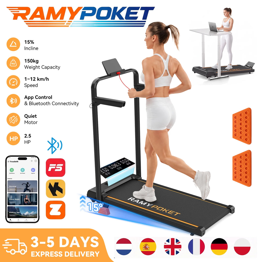 Caminadora plegable Ramypoket con inclinación del 15 %, velocidad máxima de 12 km/h, control mediante aplicación y pantalla LED, caminadora para oficina con capacidad máxima de carga de 150 kg.
