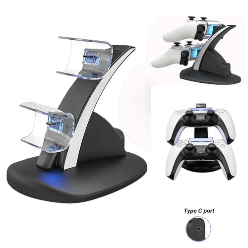 Base cargador doble para mando inalámbrico PS5, color blanco y negro, con indicadores LED azules